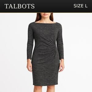 Talbots Ruched Sheath Dress L Long Sleeve Heathered Knit Gray Black Bateau